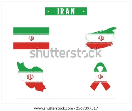 Editable vector design of the Flag of IRAN, Brush style flag of IRAN, Ribbon flag of IRAN, and Map of IRAN with flag in it on a white background, Independence Day