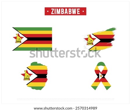 Flag of ZIMBABWE, Brush style flag of ZIMBABWE, Ribbon flag of ZIMBABWE, and Map of ZIMBABWE with flag in it on a white background, Independence Day