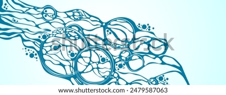 Blue background frame. Neurotrophic texture of network. Design plex of chaotic circles, spheres, lines.  Cosmic pattern. Poster presentations, business, science, computer screensaver. Vector