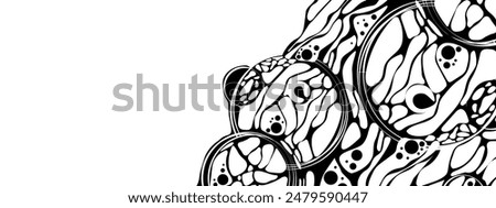 Monochrome background frame. Neurotrophic texture of network. Design plex of chaotic circles, spheres, lines.  Cosmic pattern. Baner presentations, business, science, computer screensaver. Vector