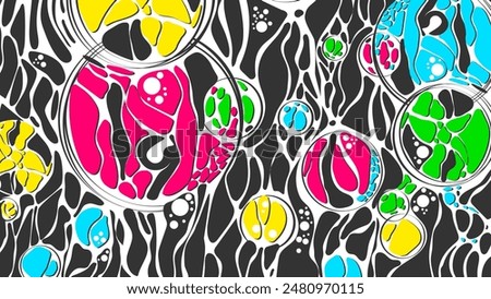 Vector colored background frame. Design of plex of chaotic circles, spheres, lines. Garland. Neurotrophic texture of network. Cosmic conjunction of planets. Banner for presentations, business.