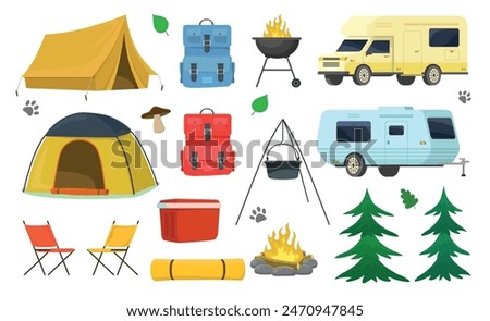 A set of accessories and objects for traveling to nature. Briefcase, trailer, tents and more.