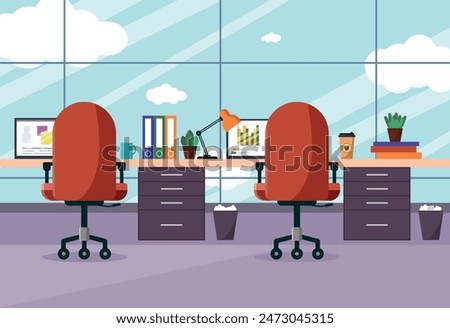 Office workplace. Modern office with furniture and equipment. Various office items.