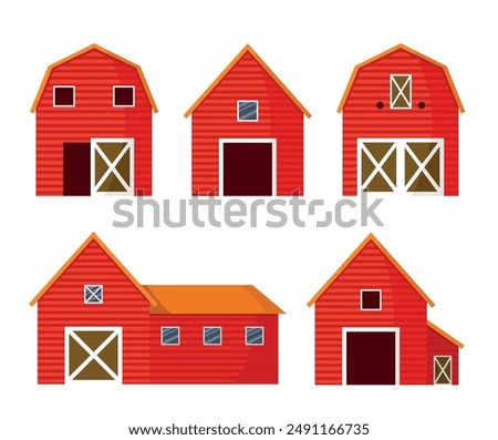 Set of red barns on a white background. Vector illustration.