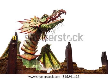 Statue of medieval colorful dragon, isolated, on white background