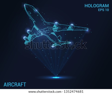 The plane hologram. Digital and technological background of the plane. Design a futuristic airliner