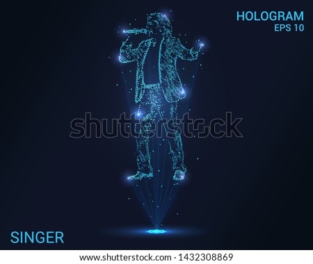 A hologram singer. Holographic projection of a man with a microphone. Flickering energy flux of particles. Scientific music design.