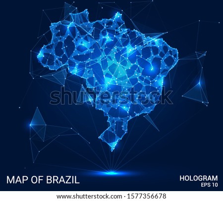 Hologram Of Brazil. Map of Brazil of polygons, triangles of points and lines. Map of Brazil low poly composite structure. Technological concept.