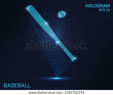 Hologram baseball. A holographic projection of a bat and a ball for baseball. Flickering energy flux of particles. Scientific sports design.