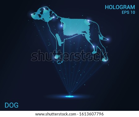 Hologram dog. Holographic projection of a dog. Flickering energy flux of particles. Scientific design animals.