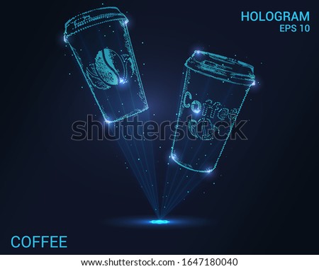 Hologram of coffee. Holographic projection of coffee cups. Flickering energy flux of particles. Scientific design of drinks.