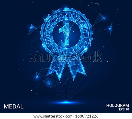 A hologram of the medal. A medal made up of polygons, triangles , points, and lines. The medal is a low-poly compound structure. The technology concept.