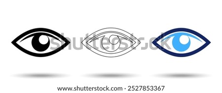 Eye icon. Eye icon on a white background, isolated. The icon has three uses in applications and websites. Vector illustration. Eye icon on a white background.