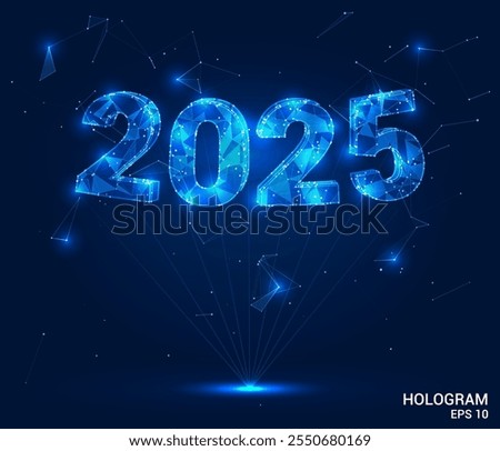 Hologram 2025. Lettering 2025 of polygons, triangles of points and lines. Christmas inscription low poly compound structure. The technology concept.