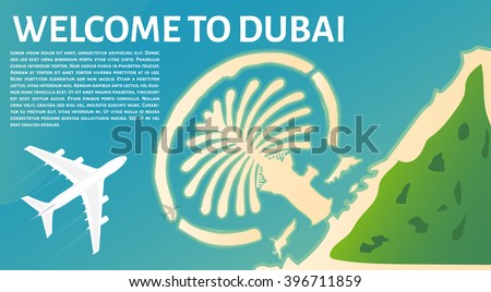 The plane flies to Dubai. Tourism in United Arab Emirates. Top view of the island in the form of a palm tree. Travel banner