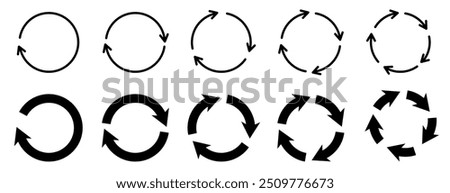 Circle arrow icon set. Reload, refresh, loading, recycle and repeat symbol. Interconnecting round arrow icons or work in progress sign. One, two, three, four, five, loop arrow vector illustration.