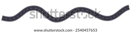 Flat vector illustration isolated on white background of wavy road with winding curves and horizontal path. Top view of race track and highway.