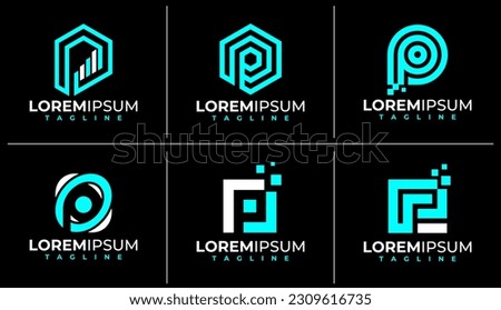 Modern technology letter P logo design bundle. Digital pixel initial P logo.