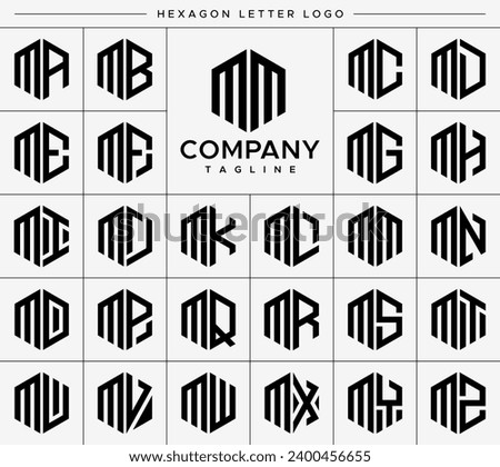 Modern hexagon letter M MM logo design set