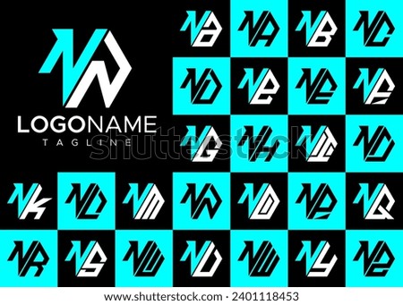 Technology line hexagon letter N NN logo design set