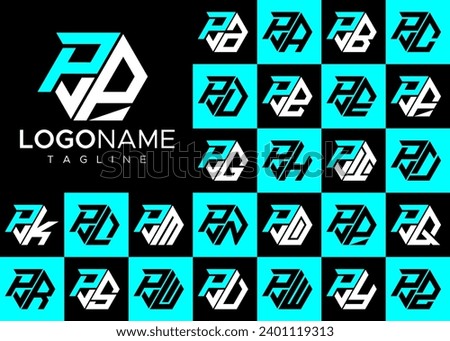 Technology line hexagon letter P PP logo design set