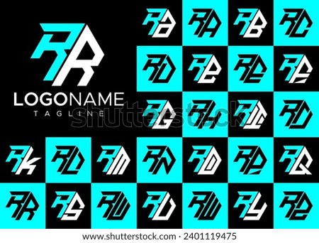 Technology line hexagon letter R RR logo design set