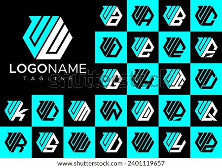 Technology line hexagon letter U UU logo design set
