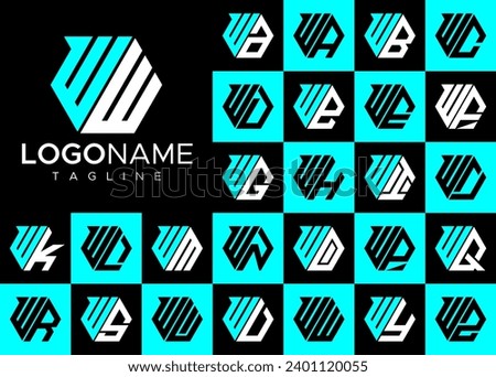 Technology line hexagon letter W WW logo design set
