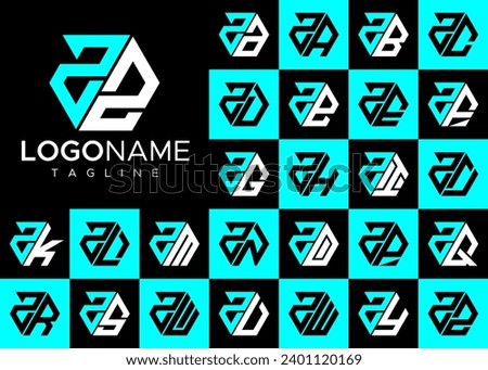 Technology line hexagon letter Z ZZ logo design set
