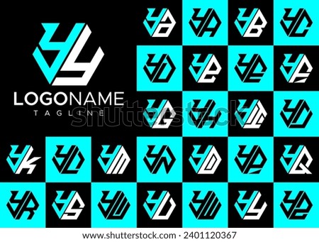 Technology line hexagon letter Y YY logo design set