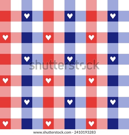 4th of Juky plaid pattern with heart background. plaid pattern background. plaid background. Seamless pattern. for backdrop, decoration, gift wrapping, gingham tablecloth, blanket, tartan.