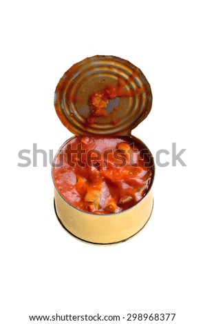 open tin sardines in tomato sauce on an isolated white background