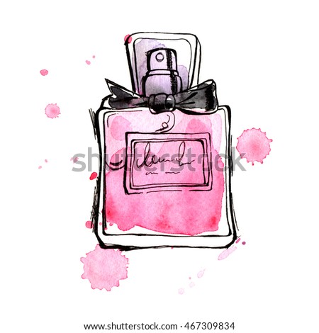 Pink perfume bottle. Hand painting watercolor illustration of glass  pink perfume bottle