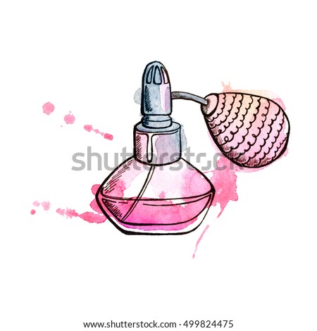 Pink perfume bottle with pump. Hand painting watercolor illustration of glass  pink perfume bottle  with pump