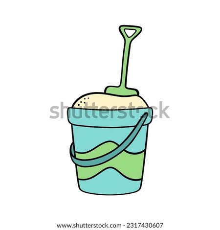 Children's bucket with sand and a shovel. Beach toys. Children's accessories. Vector illustration in doodle style.