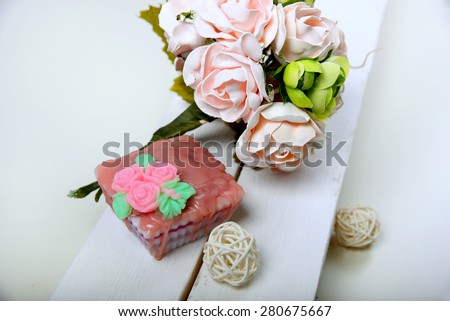 Handmade soap. Shaped Cake. Bouquet of pink flowers