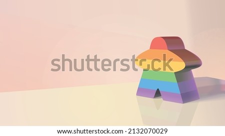 A meeple in the LGBTQ+ colours stood on a shiny table against a pastel coloured background.