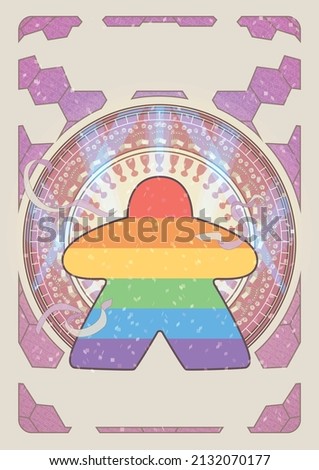 A meeple in the LGBTQ+ colours against an Art Nouveau background.