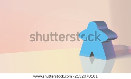 A blue meeple stood on a shiny table against a pastel coloured background.