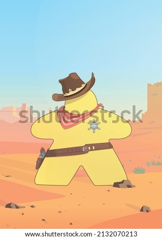 A cowboy meeple against a rocky desert background.