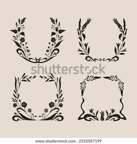 Art nouveau style flower frame. Flower and leaf border, branch, wreath, garland decoration. Botanical vector illustration. Vintage antique classic floral graphic element.