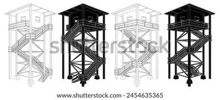 Wooden Watch Tower Vector 01. Construction Structure Illustration Isolated On White Background.