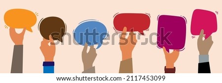 Racial equality and Diverse women talking chatting and sharing information on social networks. Group Raised arms of diversity multi-ethnic multicultural men and women holding speech bubble in hand.