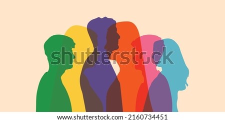Silhouette heads faces in profile of multiethnic and multicultural people. Psychology and psychiatry concept. Psychological therapy and Patients under treatment. Team community and Diversity people. L
