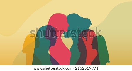Concept of racial equality anti-racism justice opportunities and ally ship. Self-confidence and Close up silhouette faces of multicultural multiethnic female profile women.