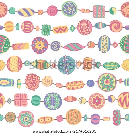 Beads strung on a string, garland, boho style set. Seamless pattern of handmade ethnic beads on a white background. Doodle vector illustration. Imagine de stoc © 