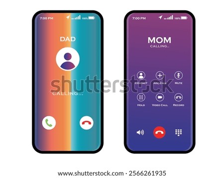 Call screen interface gui design. Vector smartphone incoming outcoming phone call design template. Flat mobile app page layout isolated on gradient background.