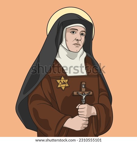 Saint Teresia Benedicta a Cruce, Edith Stein, Colored Vector Illustration. Translation of the text Jude: Jew