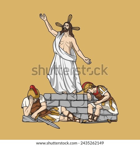 Resurrection of Jesus Christ with Roman Soldiers at Easter Colored Vector Illustration