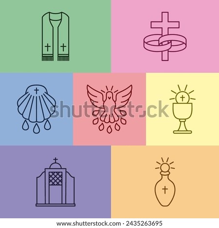 Icons Seven Sacraments of the Catholic Church: Orders, Marriage, Baptism, Confirmation, Eucharist, Penance, Anointing of the Sick, Vector Illustration